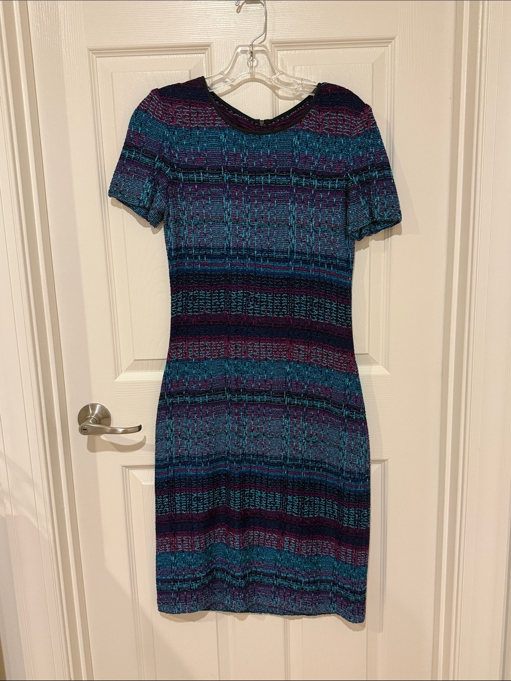 St. John Teal & Purple Striped Short Sleeve Knit Dress